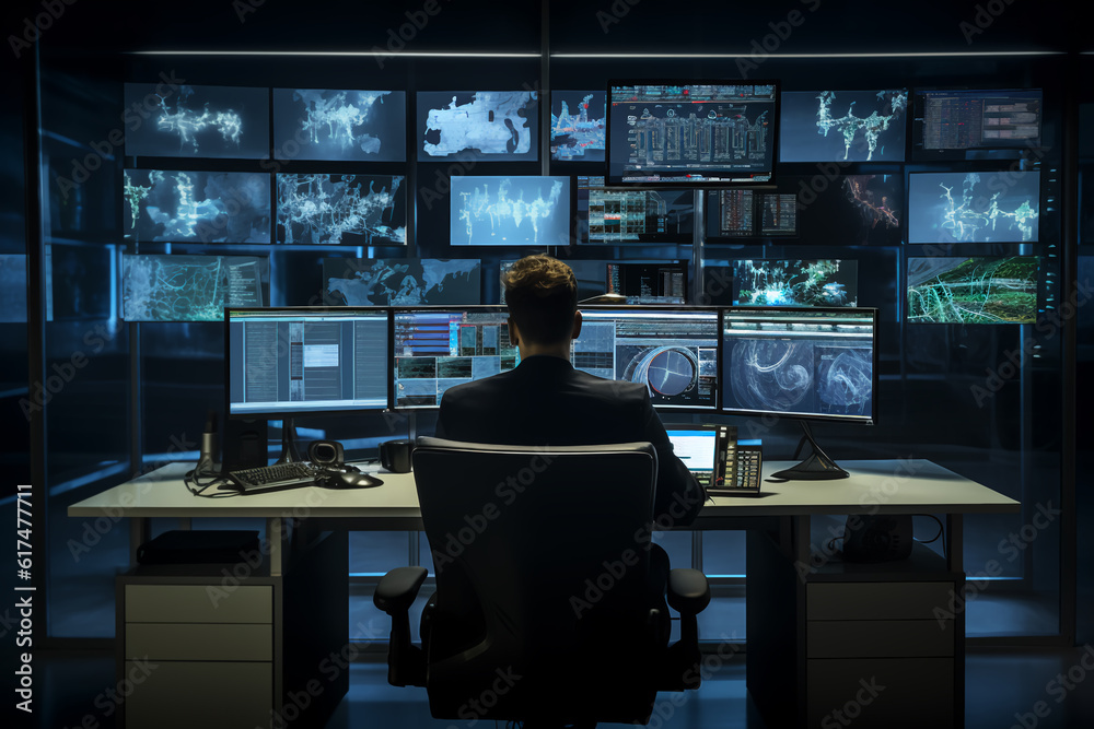 In the System Control Room Technical Operator Sits and Monitors Various Activities Showing on Multiple Displays with Graphics. Responsibility for Information Security in the Company Concept In the System Control Room Technical Operator Sits and Monitors Various Activities Showing on Multiple Displays with Graphics. Responsibility for Information Security in the Company Concept