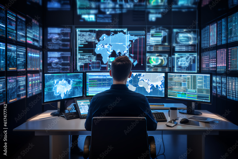 Naklejka premium In the System Control Room Technical Operator Sits and Monitors Various Activities Showing on Multiple Displays with Graphics. Responsibility for Information Security in the Company Concept