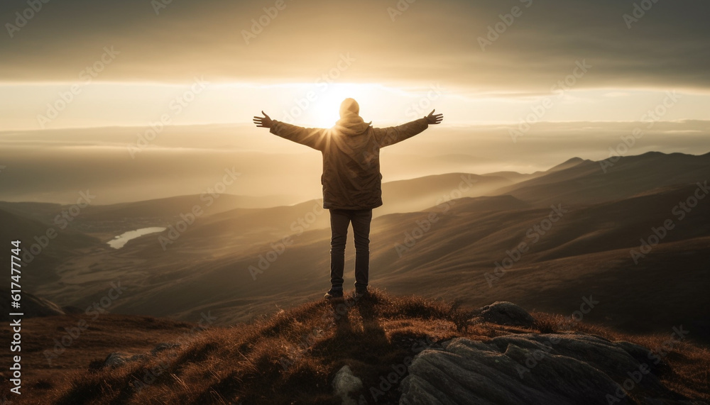 Standing on mountain peak, arms raised in success generated by AI Standing on mountain peak, arms raised in success generated by AI