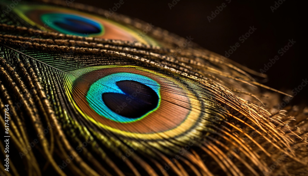 Obraz premium Vibrant peacock feather displays iridescent beauty in nature generated by AI