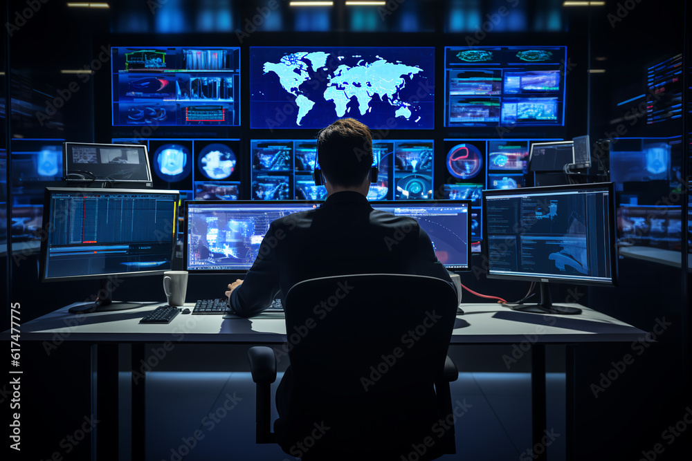 In the System Control Room Technical Operator Sits and Monitors Various Activities Showing on Multiple Displays with Graphics. Responsibility for Information Security in the Company Concept In the System Control Room Technical Operator Sits and Monitors Various Activities Showing on Multiple Displays with Graphics. Responsibility for Information Security in the Company Concept