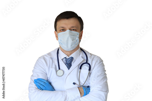Male doctor in medical mask with stethoscope looking at camera on a transparent background