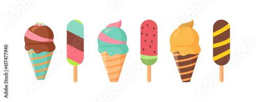 Ice cream set. Cone, popsicles, chocolate, waffles. Sweet food concept. Chocolate and vanilla ice cream in a waffle cone. Illustration can be used for dessert, summer, party.
