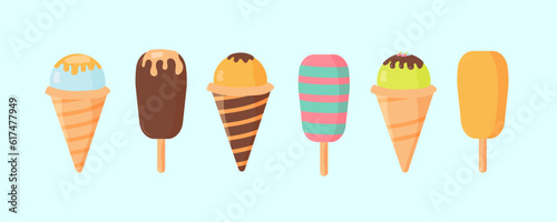 Ice cream set. Cone, popsicles, chocolate, waffles. Sweet food concept. Chocolate and vanilla ice cream in a waffle cone. Illustration can be used for dessert, summer, party.