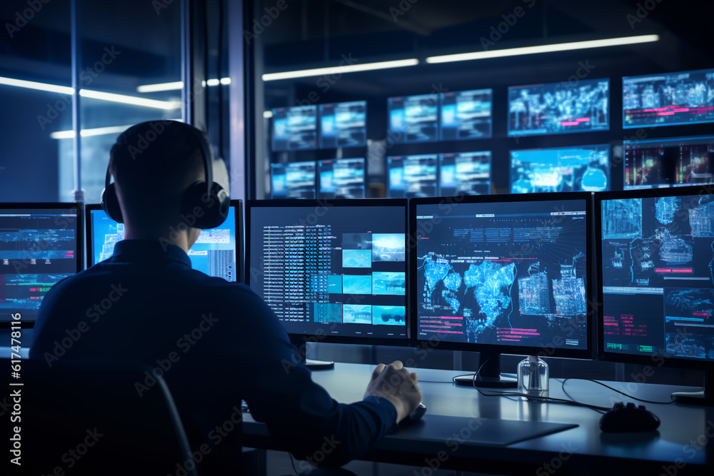 In the System Control Room Technical Operator Sits and Monitors Various Activities Showing on Multiple Displays with Graphics. Responsibility for Information Security in the Company Concept In the System Control Room Technical Operator Sits and Monitors Various Activities Showing on Multiple Displays with Graphics. Responsibility for Information Security in the Company Concept