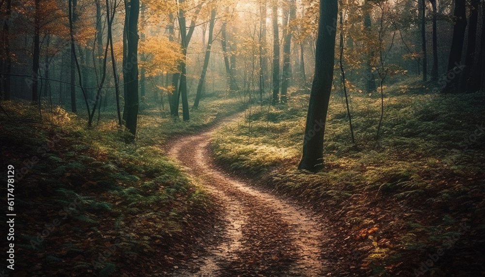 Fototapeta premium Autumn footpath winds through tranquil forest meadow generated by AI