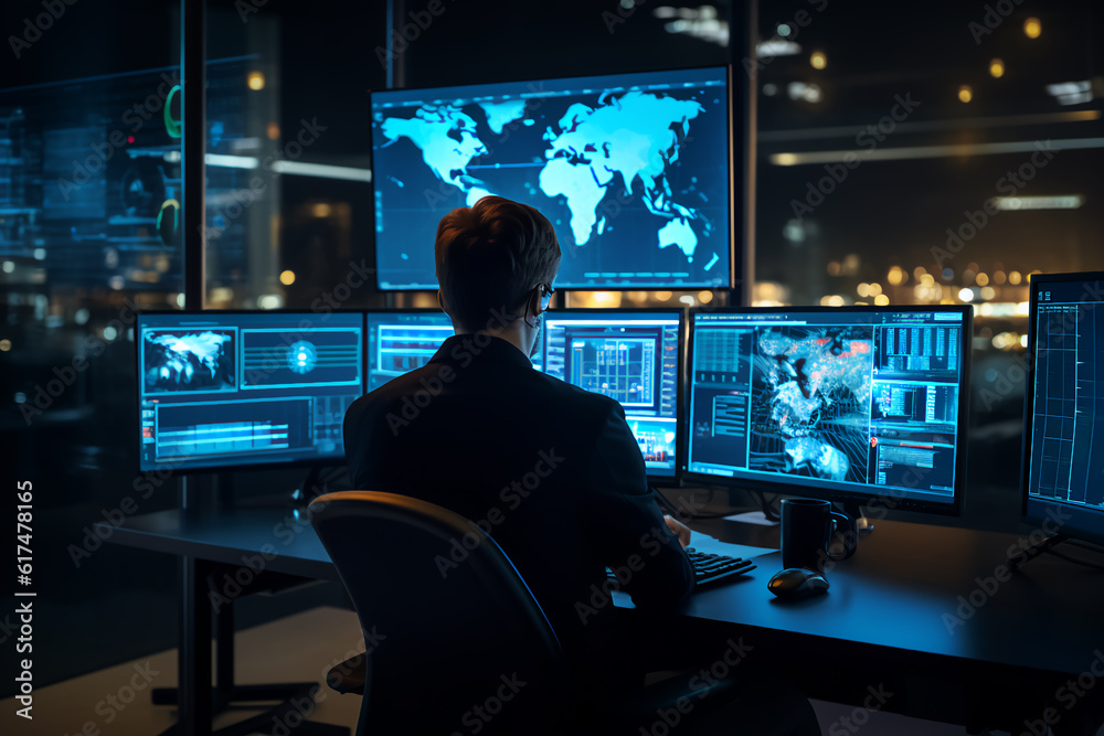 In the System Control Room Technical Operator Sits and Monitors Various Activities Showing on Multiple Displays with Graphics. Responsibility for Information Security in the Company Concept In the System Control Room Technical Operator Sits and Monitors Various Activities Showing on Multiple Displays with Graphics. Responsibility for Information Security in the Company Concept