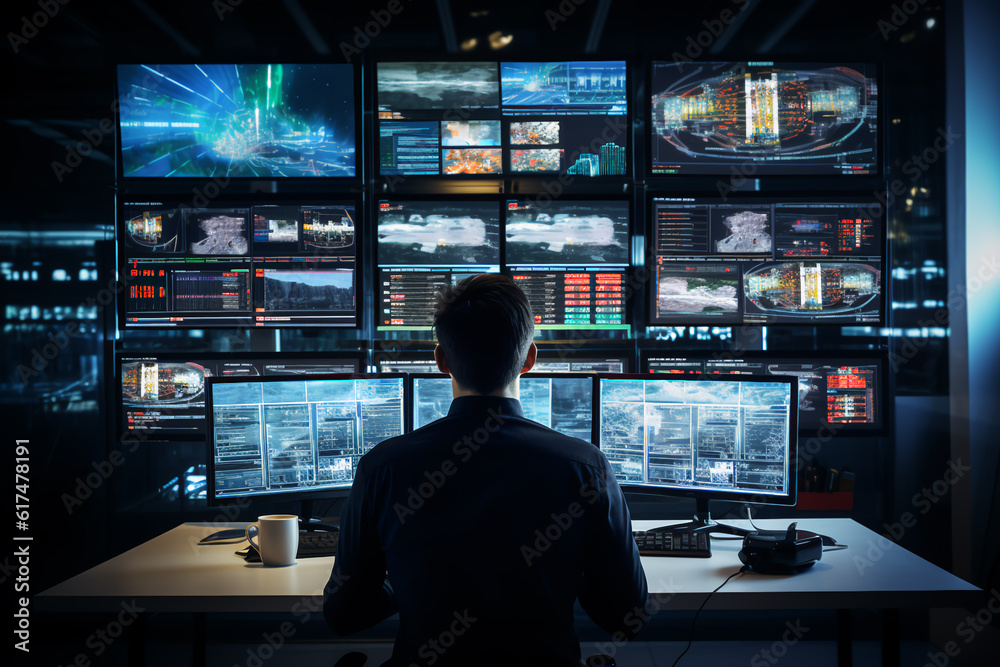 In the System Control Room Technical Operator Sits and Monitors Various Activities Showing on Multiple Displays with Graphics. Responsibility for Information Security in the Company Concept In the System Control Room Technical Operator Sits and Monitors Various Activities Showing on Multiple Displays with Graphics. Responsibility for Information Security in the Company Concept