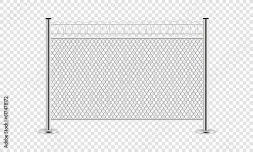 Metal wire fence isolated on a transparent background. Fence and steel mesh. Realistic steel chain guards and gate net detailing. Symbol of freedom. Mesh, barbed wire.