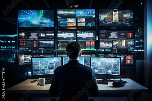 In the System Control Room Technical Operator Sits and Monitors Various Activities Showing on Multiple Displays with Graphics. Responsibility for Information Security in the Company Concept