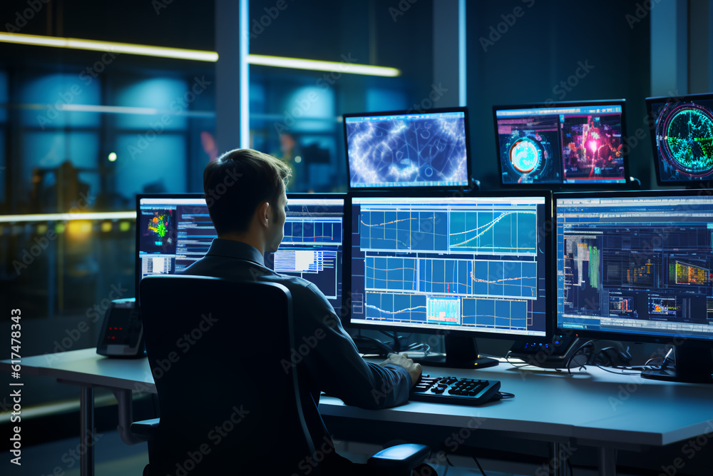 In the System Control Room Technical Operator Sits and Monitors Various Activities Showing on Multiple Displays with Graphics. Responsibility for Information Security in the Company Concept In the System Control Room Technical Operator Sits and Monitors Various Activities Showing on Multiple Displays with Graphics. Responsibility for Information Security in the Company Concept