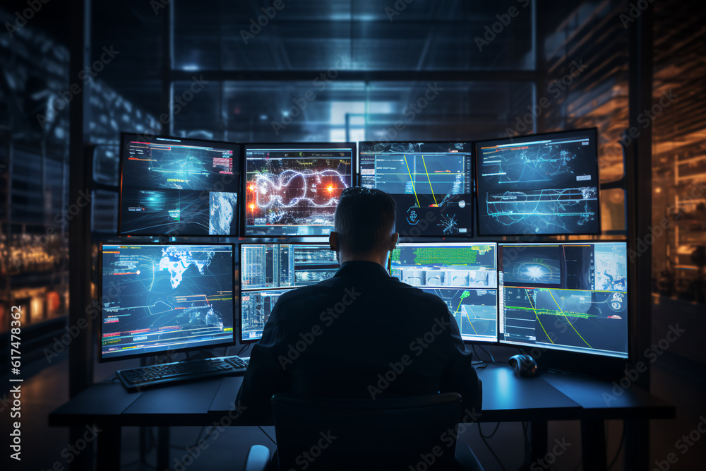 In the System Control Room Technical Operator Sits and Monitors Various Activities Showing on Multiple Displays with Graphics. Responsibility for Information Security in the Company Concept In the System Control Room Technical Operator Sits and Monitors Various Activities Showing on Multiple Displays with Graphics. Responsibility for Information Security in the Company Concept