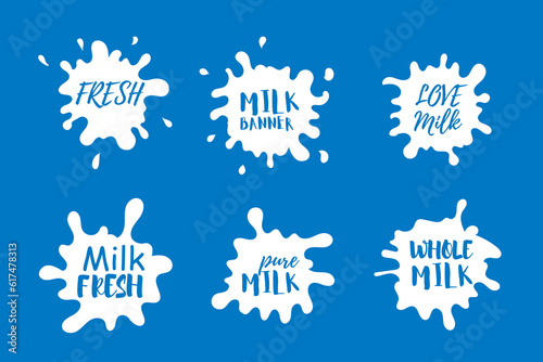 Modern poster of fresh milk splash in flat design. Blots from milks. Milk blot, cream drops and stains.