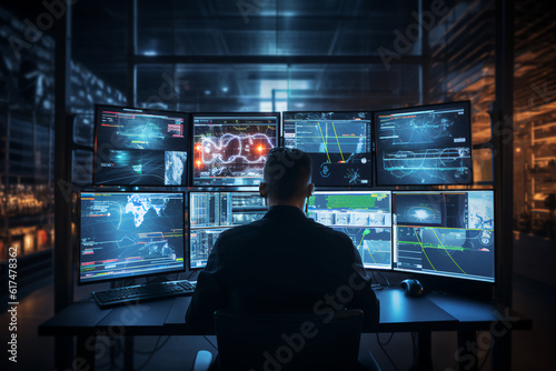 In the System Control Room Technical Operator Sits and Monitors Various Activities Showing on Multiple Displays with Graphics. Responsibility for Information Security in the Company Concept