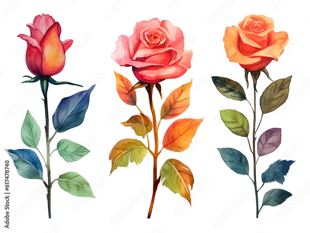 Collection of vintage roses with branch. Colorful watercolor pink flowers with leaves illustration set. Generative AI