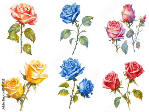 Collection of vintage roses with branch. Colorful watercolor pink, blue and yellow flowers with green leaves illustration set. Generative AI