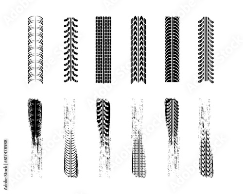 Traces car tires and tracks on a white background. Realistic composition traces. Tire change car service. Motocross, bike path, car track or auto racing. Vehicle icon - minimum symbol.