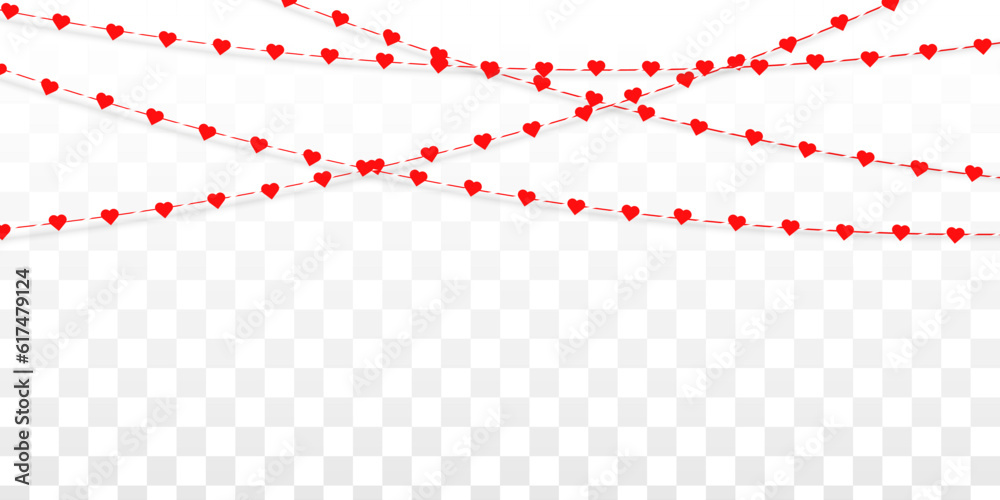 Fototapeta premium Bright red hearts hang on a rope on a white background. Garland with hanging hearts. Greeting card for Valentines day. Love and romance background, minimal style. Vector illustration, EPS 10.