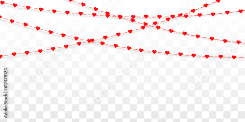 Bright red hearts hang on a rope on a white background. Garland with hanging hearts. Greeting card for Valentines day. Love and romance background, minimal style. Vector illustration, EPS 10.