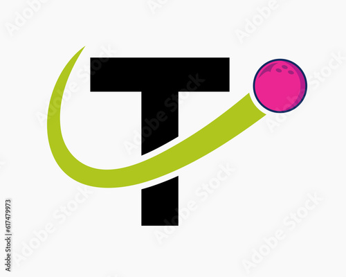 Letter T Bowling Logo. Bowling Ball Symbol With Moving Ball Icon