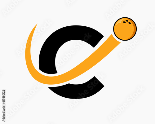 Letter C Bowling Logo. Bowling Ball Symbol With Moving Ball Icon