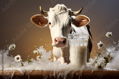 Dynamic depiction of a cow with a lively milk splash, generative ai.