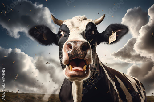 Dynamic depiction of a cow with a lively milk splash, generative ai.