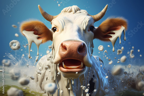 Dynamic depiction of a cow with a lively milk splash, generative ai.
