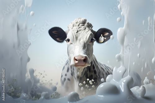 Dynamic depiction of a cow with a lively milk splash, generative ai.