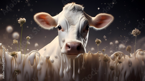 Dynamic depiction of a cow with a lively milk splash, generative ai.