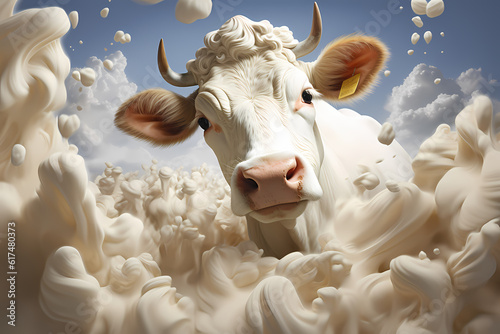 Dynamic depiction of a cow with a lively milk splash, generative ai.