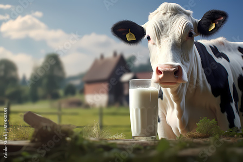 Dynamic depiction of a cow with a lively milk splash, generative ai.
