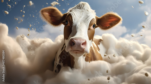 Dynamic depiction of a cow with a lively milk splash, generative ai.