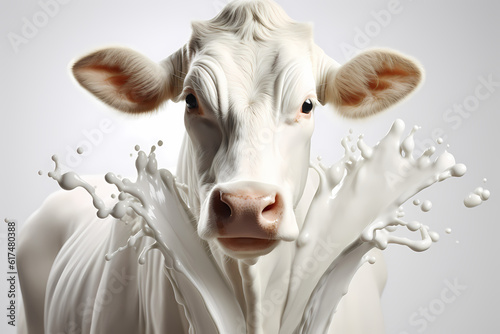 Dynamic depiction of a cow with a lively milk splash, generative ai.