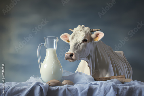 Dynamic depiction of a cow with a lively milk splash, generative ai.