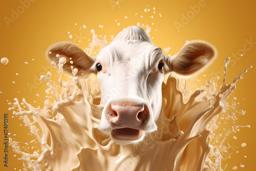 Dynamic depiction of a cow with a lively milk splash, generative ai.