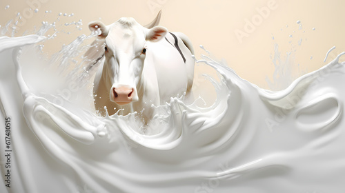 Dynamic depiction of a cow with a lively milk splash, generative ai.