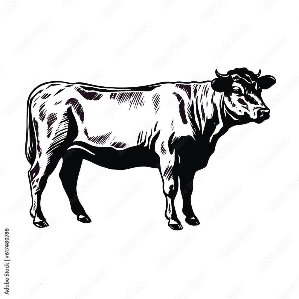 Fototapeta premium cow standing vintage hand-drawn, Vector illustration