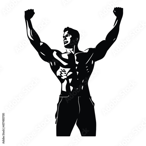 Sport man strong arms. Body builder athlete showing muscles, vector silhouette illustration isolated 