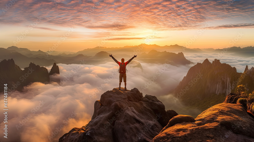 a man tourist is standing with both hands raised After successfully conquering the peak a man tourist is standing with both hands raised After successfully conquering the peak