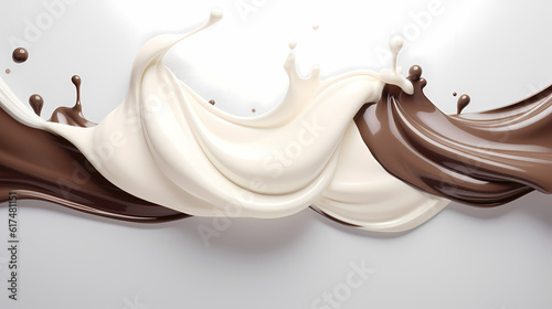 Dynamic portrayal of a milk splash blending with chocolate, creating a creamy yogurt wave, generative by AI.