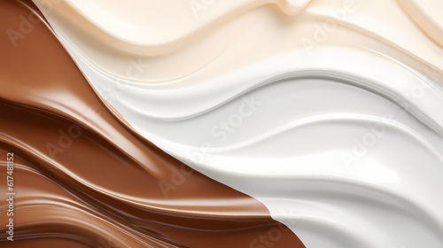 Dynamic portrayal of a milk splash blending with chocolate, creating a creamy yogurt wave, generative by AI.