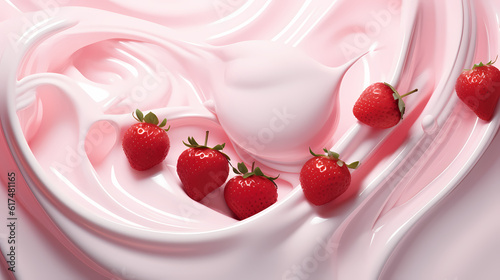 Dynamic interaction of milk splash with strawberry, creating a smooth wave of yogurt and cream, generative by AI.