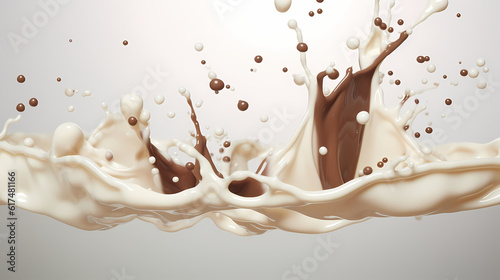 Dynamic portrayal of a milk splash blending with chocolate, creating a creamy yogurt wave, generative by AI.