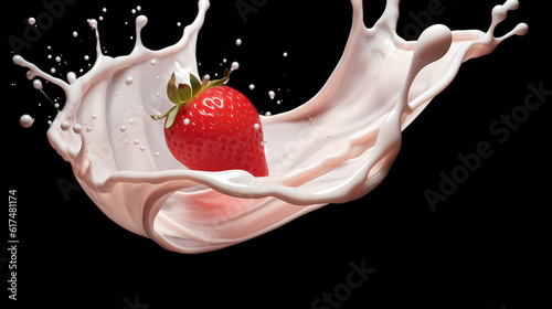 Dynamic interaction of milk splash with strawberry, creating a smooth wave of yogurt and cream, generative by AI.