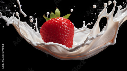 Dynamic interaction of milk splash with strawberry, creating a smooth wave of yogurt and cream, generative by AI.