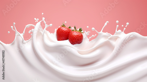Dynamic interaction of milk splash with strawberry, creating a smooth wave of yogurt and cream, generative by AI.