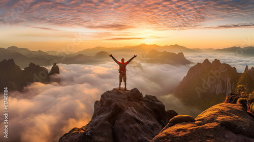 a man tourist is standing with both hands raised After successfully conquering the peak