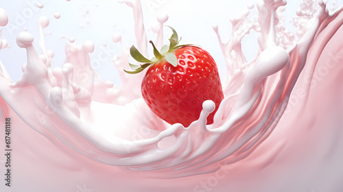 Dynamic interaction of milk splash with strawberry, creating a smooth wave of yogurt and cream, generative by AI.