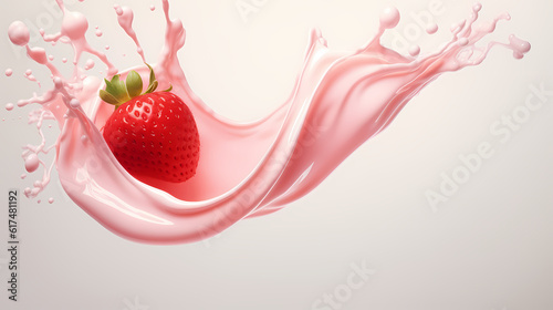 Dynamic interaction of milk splash with strawberry, creating a smooth wave of yogurt and cream, generative by AI.